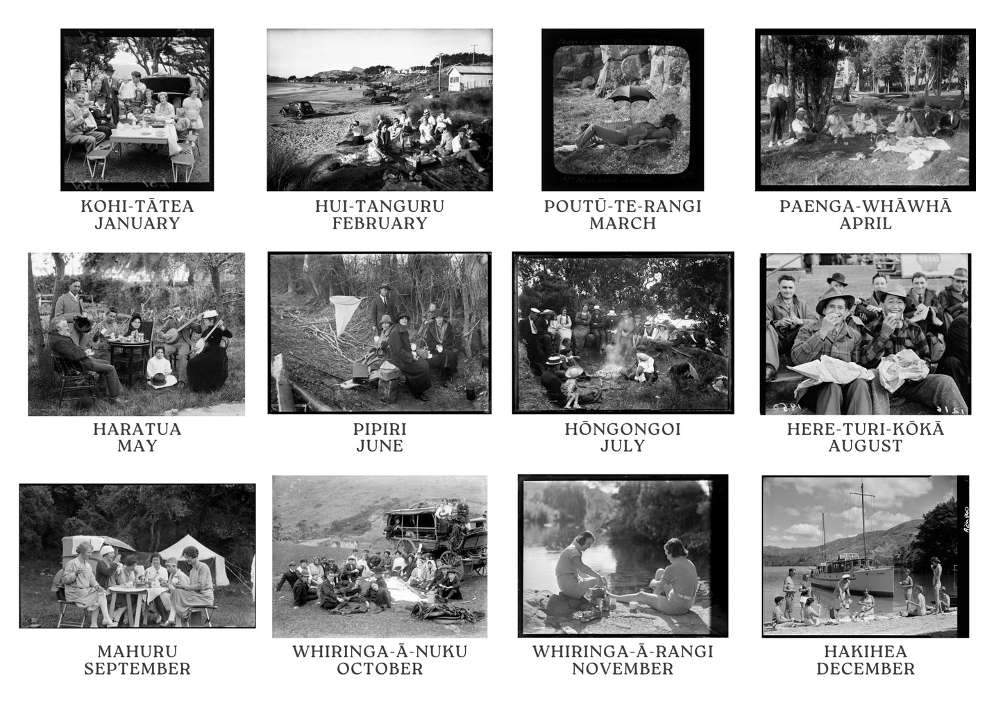 A black-and-white collage of 12 vintage photographs arranged in a 3x4 grid, each labeled with a Māori date and place name such as Kohi-Tātea January, Hui-Tanguru February, Poutū-Tē Rangi March, Paenga-Whāha April, Habatua May, Pipiri June, Hōngongoi July, Here Tū-Rōka August, Mahuru September, Whiringa Ā Nuku October, Whiringa Ā Rangi November, and Hakihea December.