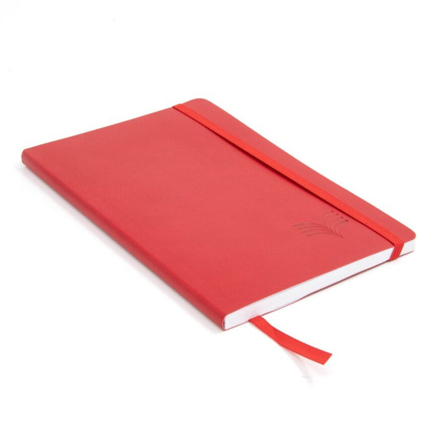 Red notebook with a strap on a white background