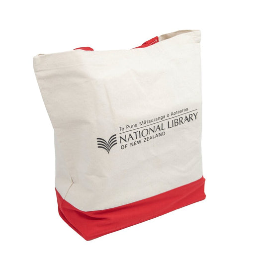 Tote bag with 'National Library of New Zealand' logo on a white background